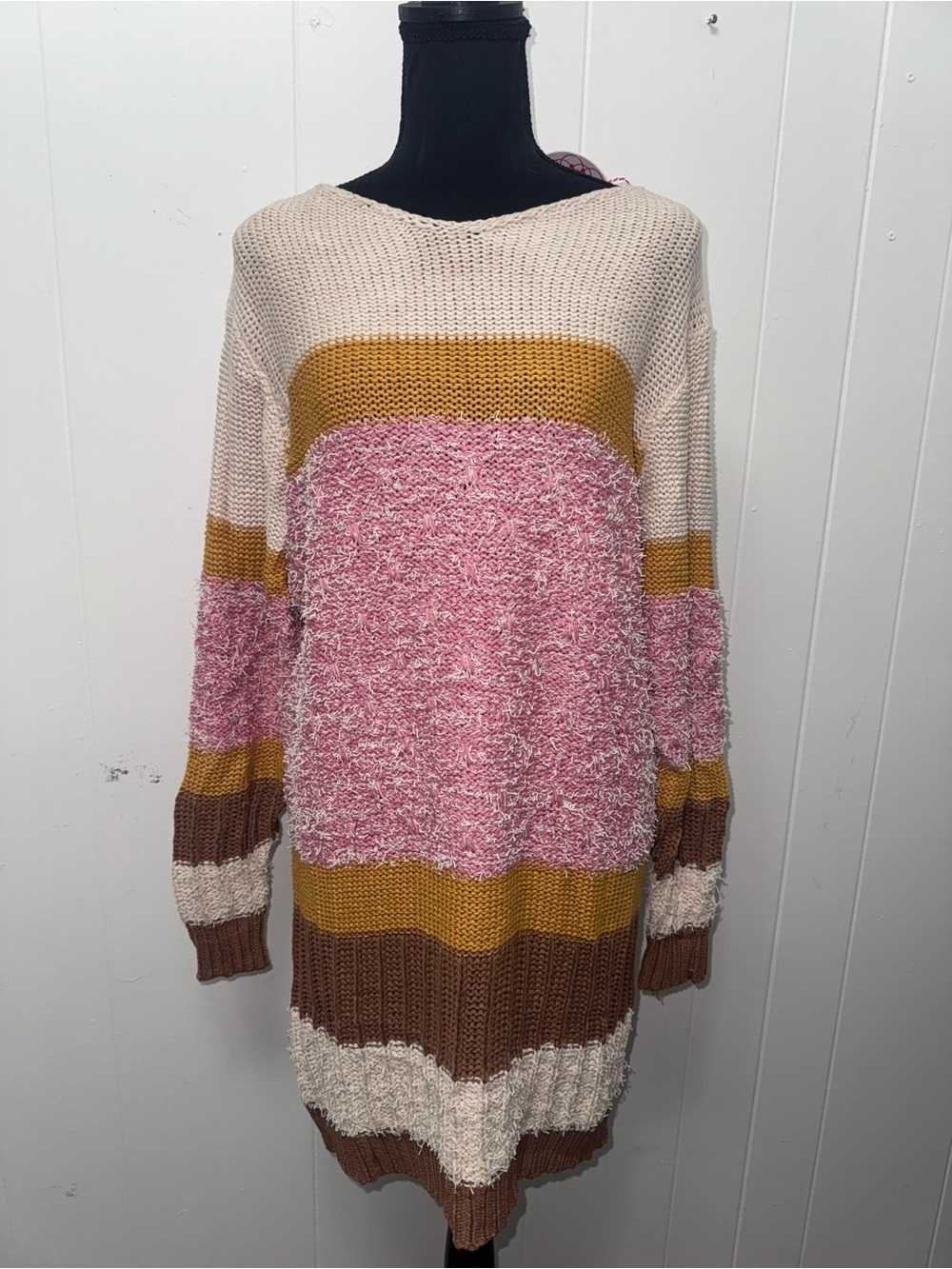 Umgee Pink, Cream & Brown Striped Knit Sweater Dress